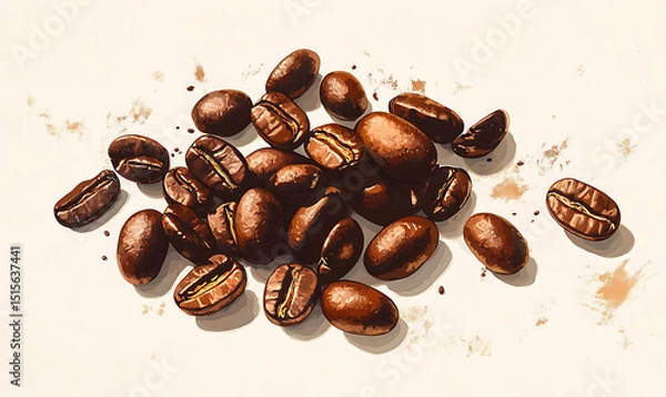 Obraz Realistic and artistic illustrations of coffee beans, brewing equipment, coffee cups, baristas, coffee farms, roasting processes, and café scenes