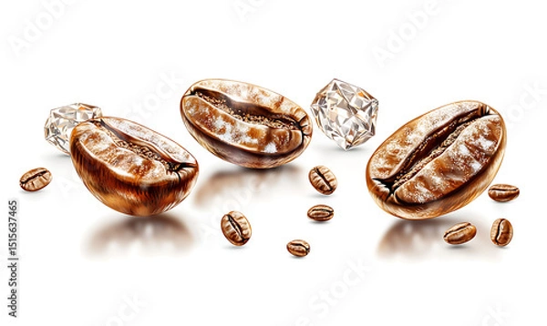 Obraz Realistic and artistic illustrations of coffee beans, brewing equipment, coffee cups, baristas, coffee farms, roasting processes, and café scenes