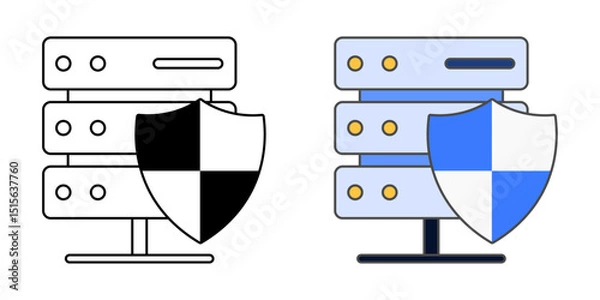 Fototapeta Server with shield icon in outline and color styles, vector illustration representing data protection, cybersecurity, or secure server infrastructure in an IT environment.