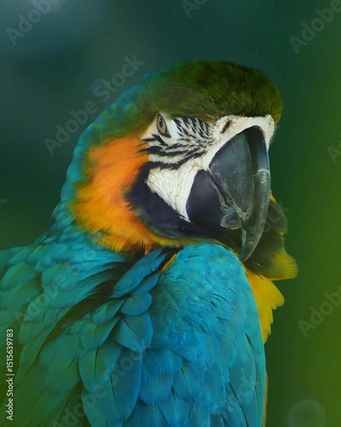 Obraz Close up of a bright Blue-and-yellow Macaw with green head feathers and orange on its chest, staring with an intelligent expression. The beauty of tropical parrots