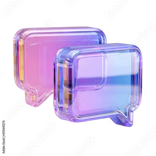 Fototapeta Two transparent iridescent crystal like geometric shapes in shades of pink purple and blue against a plain white background creating a minimalist modern and luminous still life composition