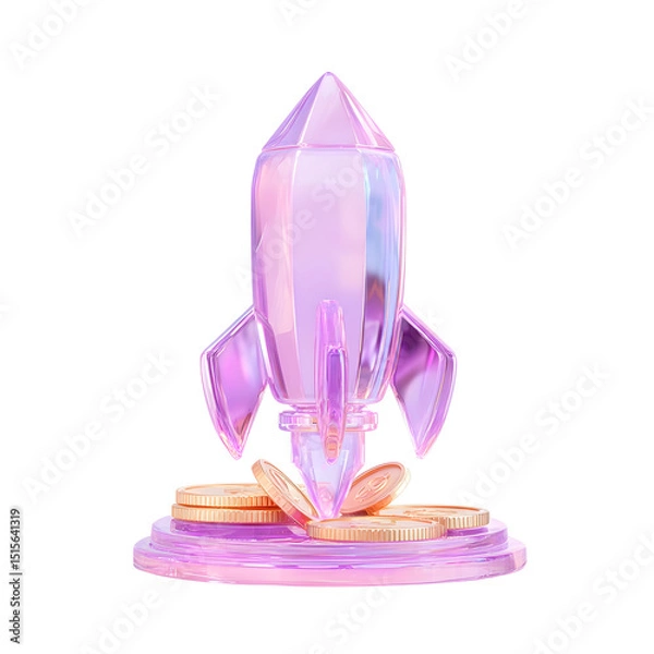 Obraz A visually striking 3D depicting a transparent ethereal rocket shaped crystal structure hovering above a platform with shimmering coin icons creating a futuristic and imaginative scene