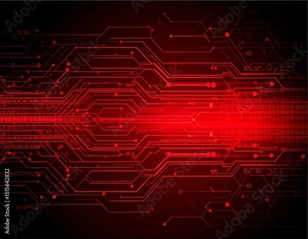 Fototapeta Red circuit board graphic, glowing lines and binary code