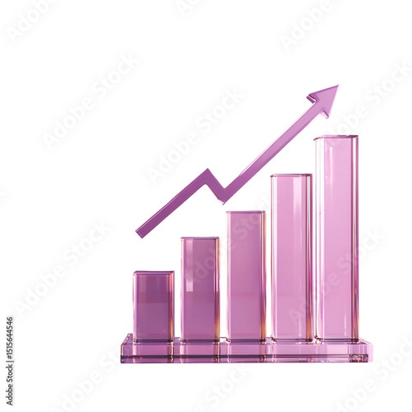 Fototapeta A minimalist 3D rendered crystal bar chart graph with a rising arrow icon symbolizing the growth and strengthening of finances and currency over time