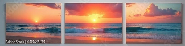 Obraz Sunrise over calm ocean, three framed beach views, tranquility, orange, scenic