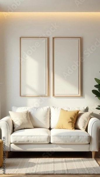 Obraz Empty frames above white sofa, ambient lighting, cozy beige accents, soft, lighting, modern
