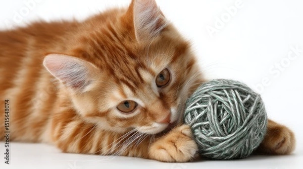 Fototapeta Ginger kitten playing with ball of yarn
