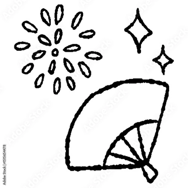 Obraz アナログ風手描きの扇・花火の線画アイコン素材｜夏祭り・縁日のイラストセット