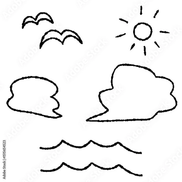 Obraz アナログ風手描きの夏の空と海の線画アイコン素材｜夏のレジャーイラスト	