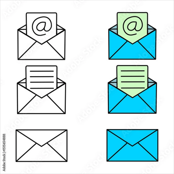 Fototapeta This image shows illustrations of open and closed envelopes with letter icons, @ symbols, and documents, in black-white and blue colors. These symbols commonly represent email or electronic messages.