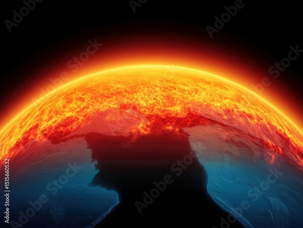 Fototapeta The image shows a glowing, fiery Earth from space, with intense heat and vivid orange light across the planet's surface, illustrating global warming or extreme heat.