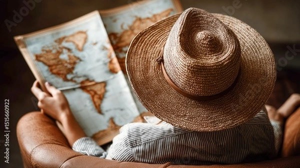 Fototapeta A person wearing a straw hat sits on a chair and looks at a world map, planning or dreaming of travel.