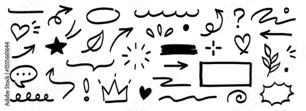Obraz Hand marker line icon brush element set. Hand drawn marker sketch style underline, arrow, heart shape. Doodle crown, heart, pointer and symbol element for business infographic. Vector illustration