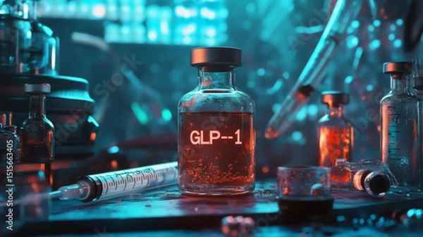 Obraz syringe and vial labeled GLP 1 are prominently displayed, symbolizing medical advancements and treatments. background features blurred, colorful pattern