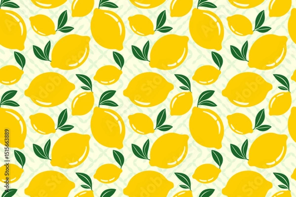 Obraz Fresh yellow Lemons with Leaves, Seamless Vector Pattern on Light Abstract Background, Perfect for textiles, wallpapers, packaging, and summer design themes.