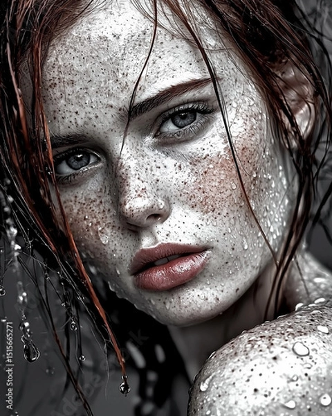Fototapeta Woman with a puffy face and wet hair is captured in a photograph. Concept of freshness and vitality, as the water droplets on her hair and face give her a lively appearance