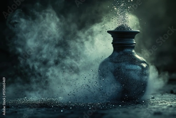 Obraz Mystical bottle releasing sparkling dust in a dark, enchanting atmosphere, Mystical bottle releasing a cloud of sparkling dust, set in a shadowy, spellbound environment