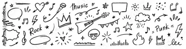 Fototapeta Music star doodle icon punk rock set. Hand drawn music sketch guitar, microphone, skull. Fun graffiti star shape doodle arrow, crown, speech bubble grunge decoration elements. Vector illustration