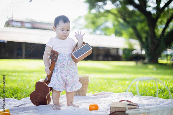 Obraz Family enjoys leisure picnic outdoors with young child holding small guitar and speaker while people relax on blanket in sunny park, capturing joyful concept