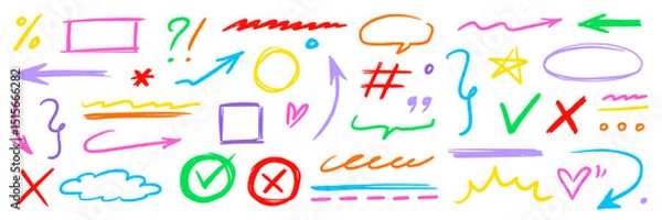Fototapeta Line pencil arrow color brush kid style set. Crayon chalk scribble, underline and check mark cute highlight texture. Hand drawn pastel marker sign, heart doodle design elements. Vector illustration.