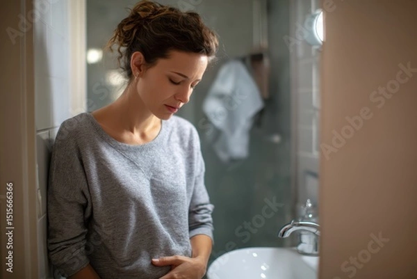 Fototapeta Pregnant woman is experiencing discomfort in bathroom, showing signs of morning sickness. emotional expression reflects her struggle with this common pregnancy symptom