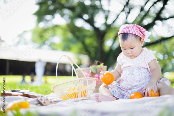 Fototapeta Family enjoys leisure picnic outdoors with young child playing with oranges on blanket while people relax in background under large trees creating warm concept of togetherness