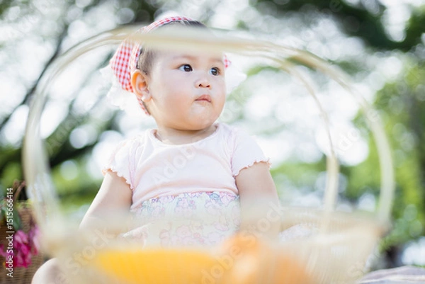 Obraz Family enjoys leisure time outdoors with picnic concept as young child sits near basket surrounded by people in natural setting creating warm and peaceful atmosphere