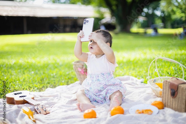 Obraz Family enjoys leisure picnic outdoors with baby playing with phone while people relax on blanket surrounded by fruit and guitar in peaceful concept setting