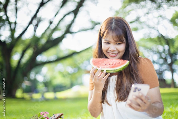Obraz Young woman enjoys picnic in park holding slice of watermelon while using her phone surrounded by green trees and leisure atmosphere with people concept