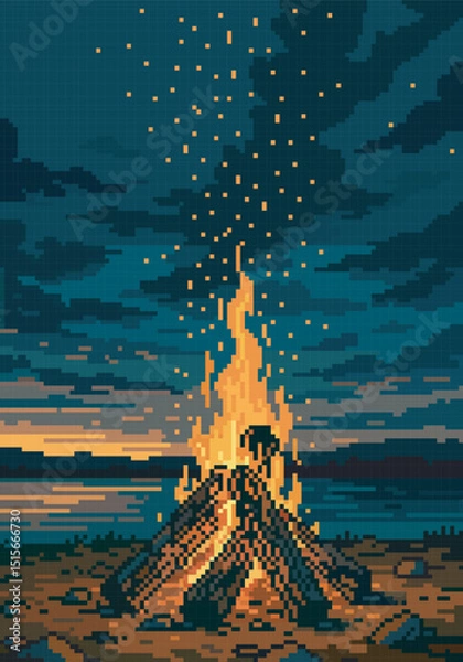 Obraz pixel art of campfire on the beach, vector illustration on isolated background.