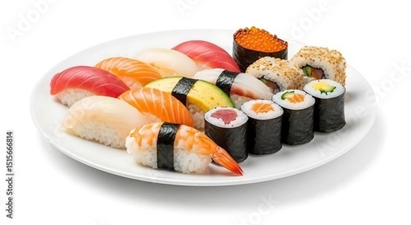 Fototapeta A white plate with assorted sushi rolls and nigiri pieces on a white background