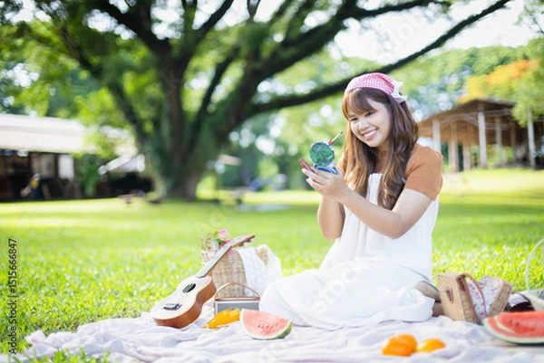 Obraz Young woman enjoys leisure picnic in green park applying makeup with mirror while people relax nearby under large trees creating warm family concept atmosphere