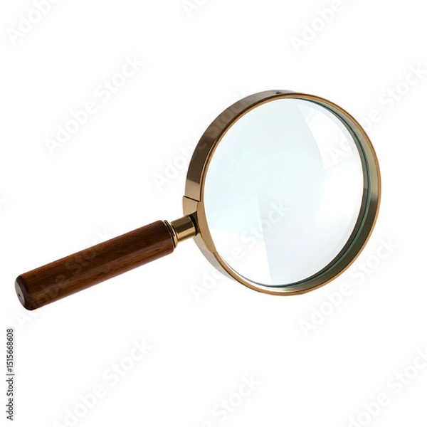 Fototapeta Magnifying glass with a wooden handle and gold metal rim, featuring a large, clear convex lens designed for close-up viewing and detail examination