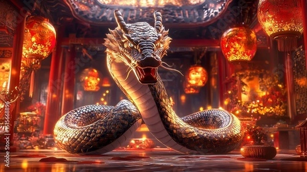 Obraz Close-up of a Snake's Head with Intricate Golden and Red Scales