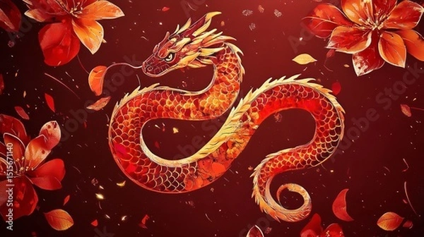 Obraz Close-up of a Snake's Head with Intricate Golden and Red Scales