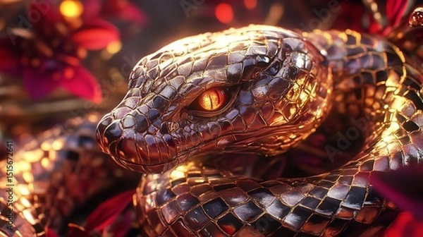 Obraz Close-up of a Snake's Head with Intricate Golden and Red Scales