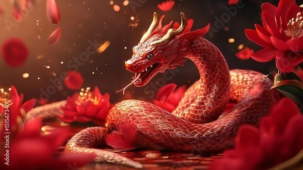 Fototapeta Close-up of a Snake's Head with Intricate Golden and Red Scales
