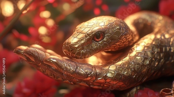 Fototapeta Close-up of a Snake's Head with Intricate Golden and Red Scales