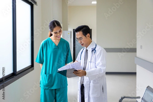 Fototapeta Team of Asian doctor is discussing and brainstorming on patient medical record after diagnosis for precise care plan with experienced senior physician specialist