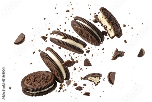 Fototapeta Flying broken Oreo cookie pieces captured mid-air and isolated on white background, showcasing dynamic snack explosion ideal for food advertising, packaging design, and dessert visuals
