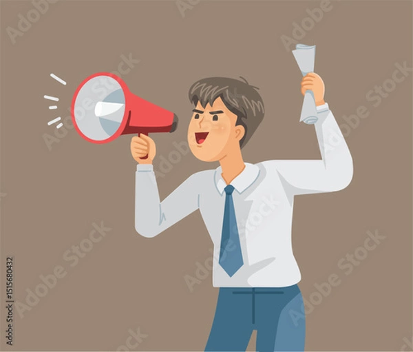 Fototapeta Attention! A businessman is shouting through a loudspeaker
