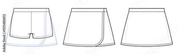 Fototapeta Classic Tennis Skirt with Built-In Shorts Technical Fashion Illustration. Active Skort Vector Template. Front and Back View. Clean Waistband. Lightweight Activewear. CAD Mockup Set.