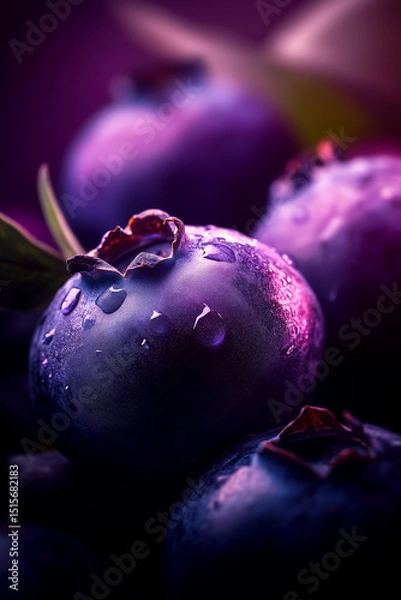 Fototapeta Close up of a blueberry with a droplet of water on it. The image has a moody and mysterious feel to it