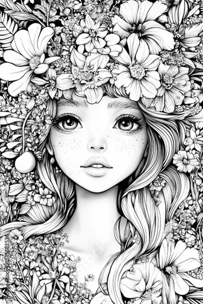 Fototapeta Woman with long hair is wearing a flower crown. The flowers are in various colors and sizes, and they are scattered throughout the crown. The woman's face is the main focus of the image