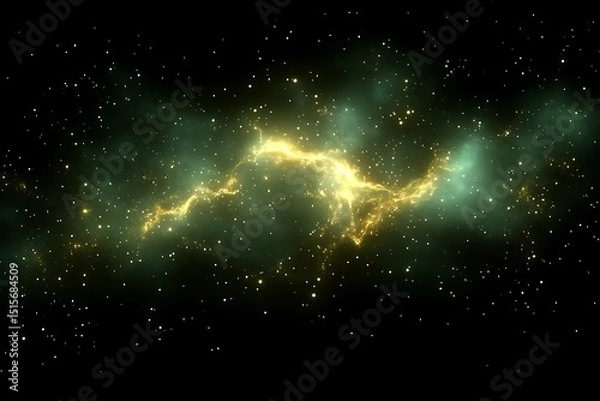 Fototapeta Distant cosmic cloudscape with golden luminous stream against dark background