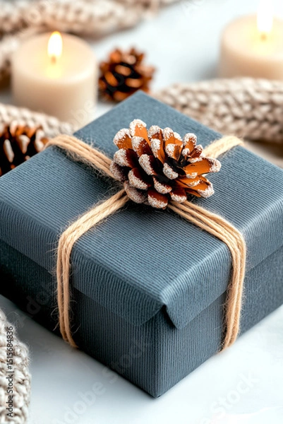 Fototapeta Blue box with pine cones on it is sitting on a table. The pine cones are lit up, creating a warm and cozy atmosphere. The box is wrapped in brown twine, adding a rustic touch to the scene