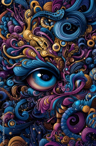 Fototapeta Colorful, abstract painting of a face with a large, blue eye. The painting is full of swirls and patterns, giving it a dreamy, otherworldly feel. The eye is the focal point of the painting