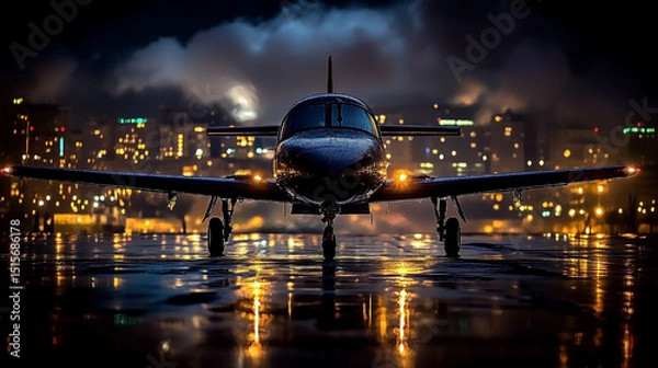 Fototapeta Futuristic jet is flying over a city at night. The jet is surrounded by a glowing cityscape, with lights from the buildings and streetlights illuminating the scene. Concept of excitement and wonder