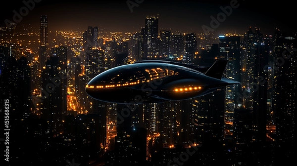 Fototapeta Futuristic jet is flying over a city at night. The jet is surrounded by a glowing cityscape, with lights from the buildings and streetlights illuminating the scene. Concept of excitement and wonder