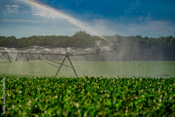 Fototapeta Irrigation equipment. Irrigation system for American farm. Sprinklers watering system. Irrigation system for farm land. Lawn sprinkler watering field. Aerial photo of irrigation used to water plants.